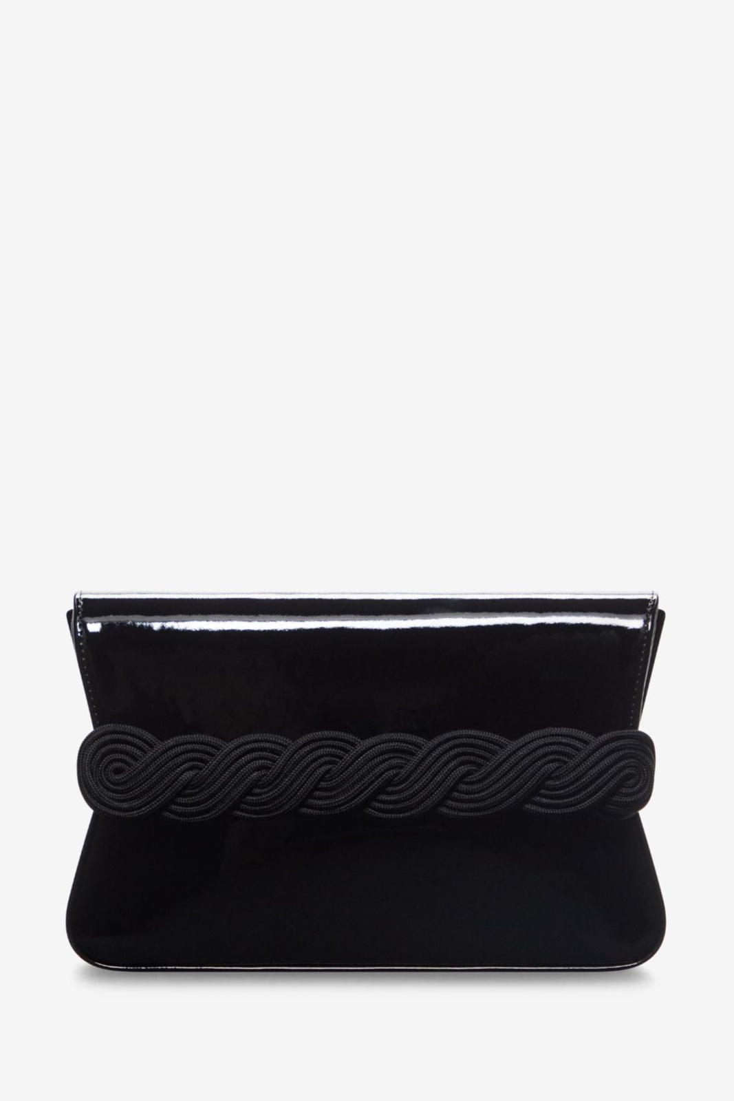 Glossy black leather clutch with braided passementerie