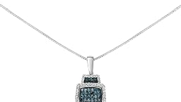 925 Sterling Silver 1/2 Cttw Blue Diamond with White Diamond Halo Block Pendant Necklace
