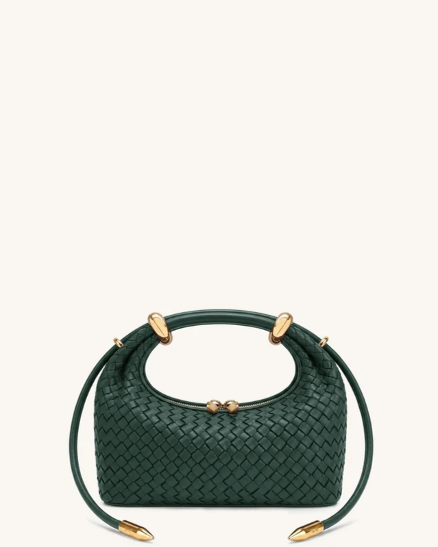 Ellie Woven Metal Ring Embellished Top Handle Bag - Dark Green