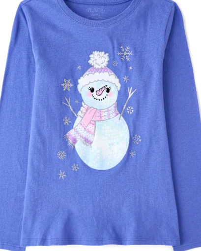 Girls Glitter Disco Ball Snowman Graphic Tee
