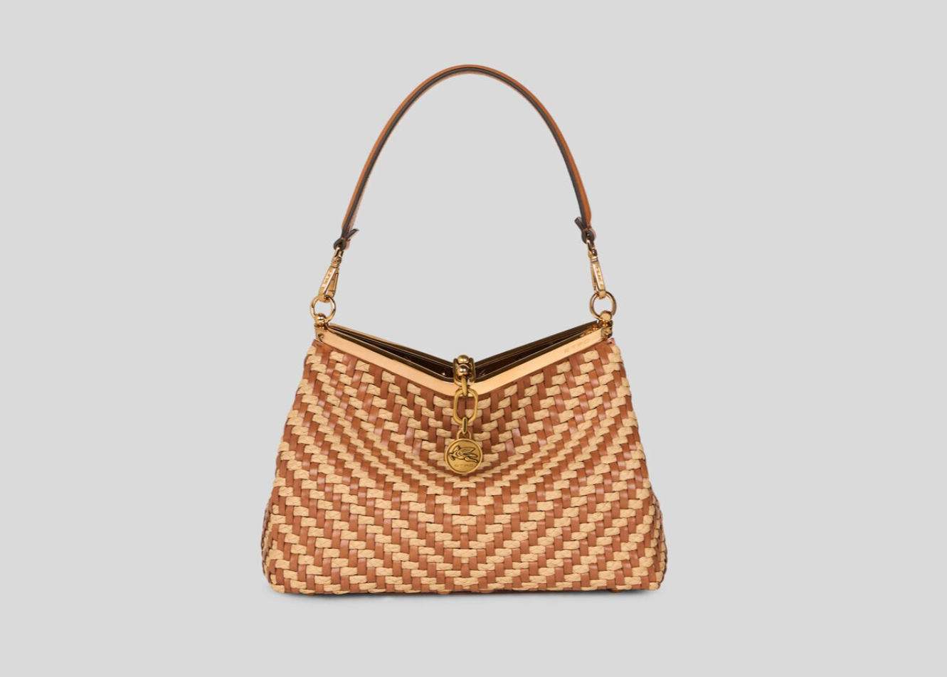 Etro MEDIUM WOVEN LEATHER AND RAFFIA VELA BAG