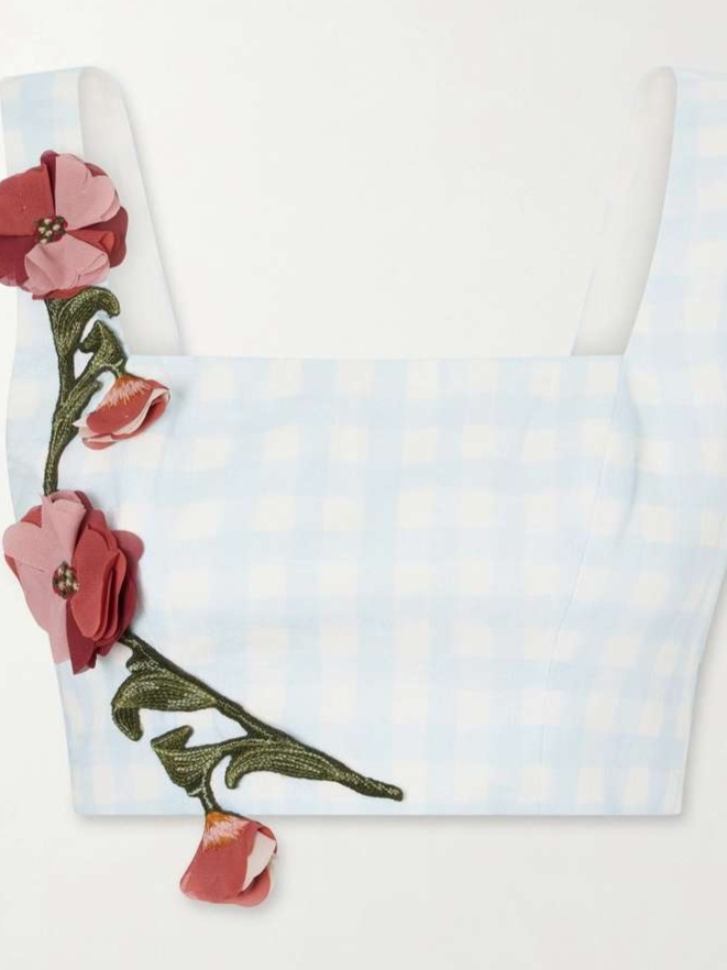 Amanda cropped floral-appliqué linen top