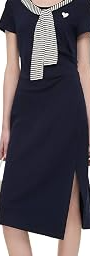 Women Navy Knit Midi Dress Tie Neck Ruched Waist Casual Fall Dresses