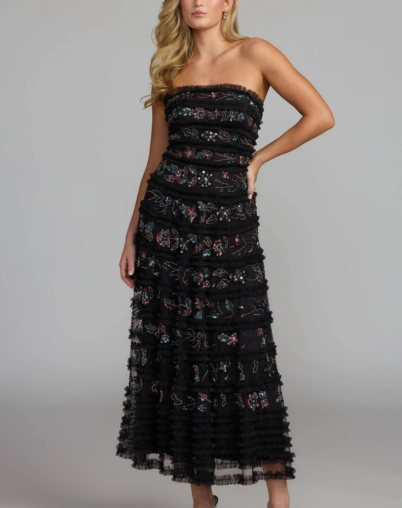 Black Strapless Micro Ruffle Midi Dress