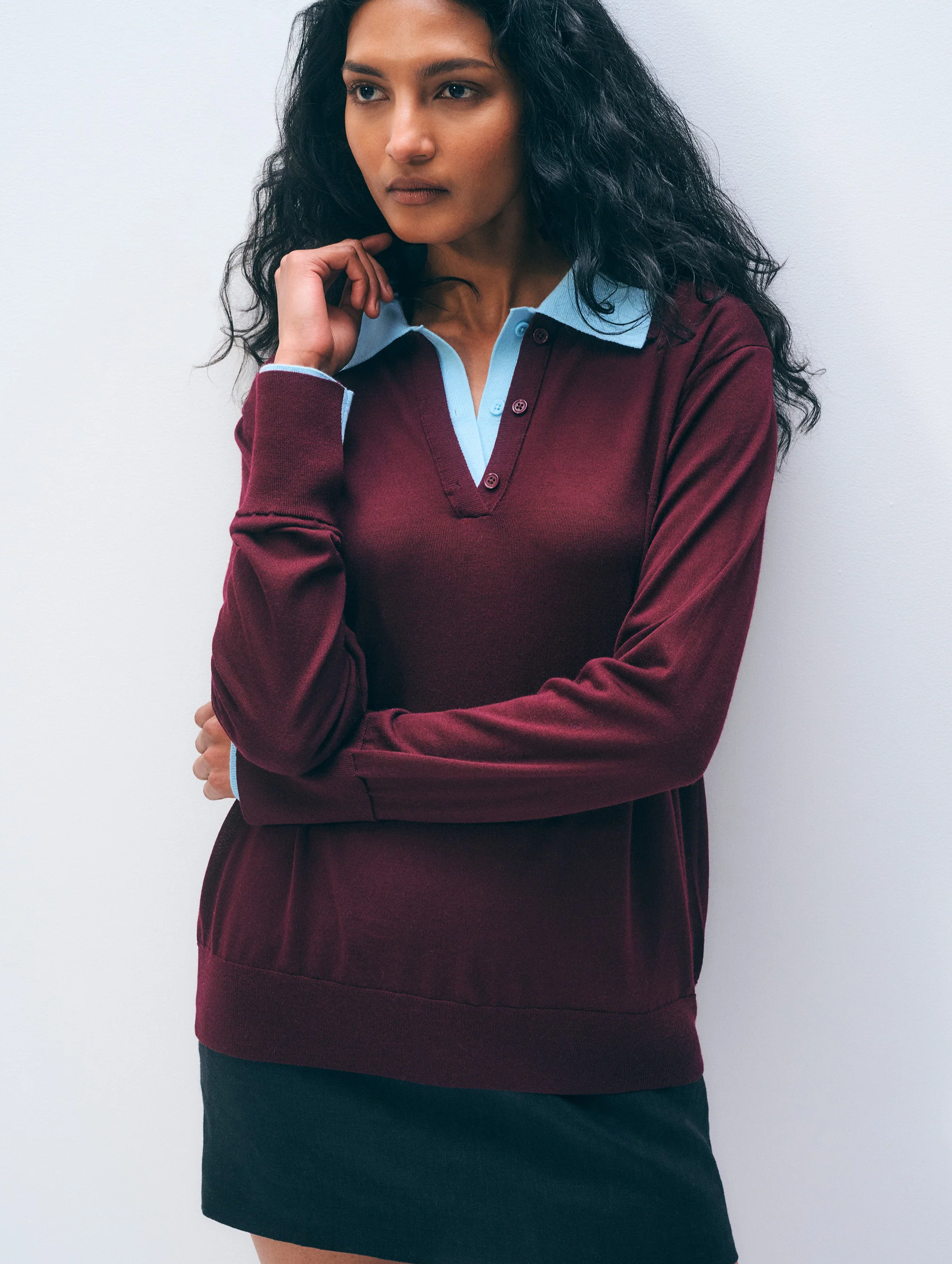 Superfine Merino Layered Polo | Black Cherry / Light Blue Trim