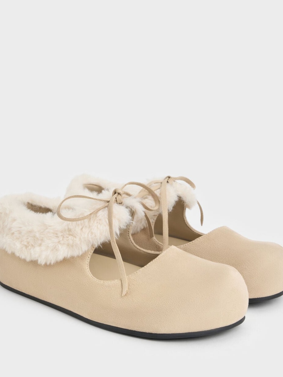 Emila Faux Suede Fur-Trim Mary Jane Flats - Chalk