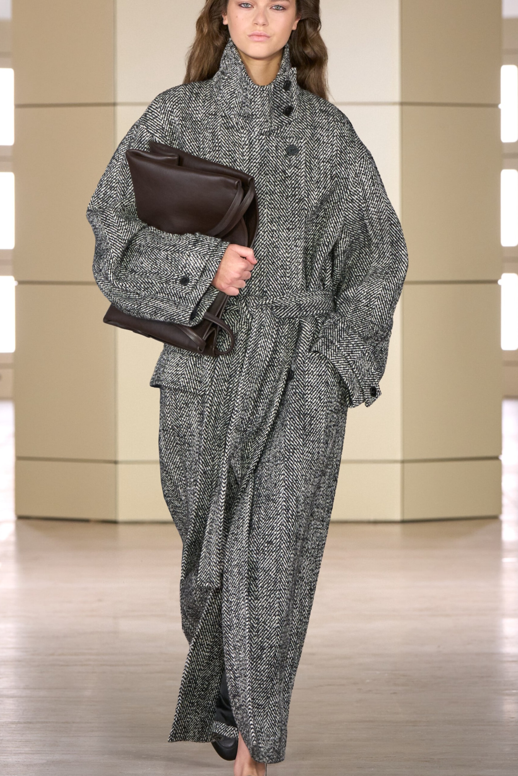 Belted Herringbone Wool Mock-Neck Coat