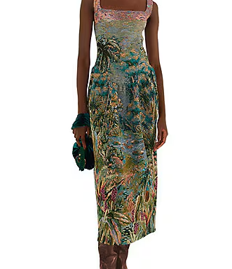 Petricor Multicolor Printed Square Neck Sleeveless Jacquard A-Line Maxi Dress