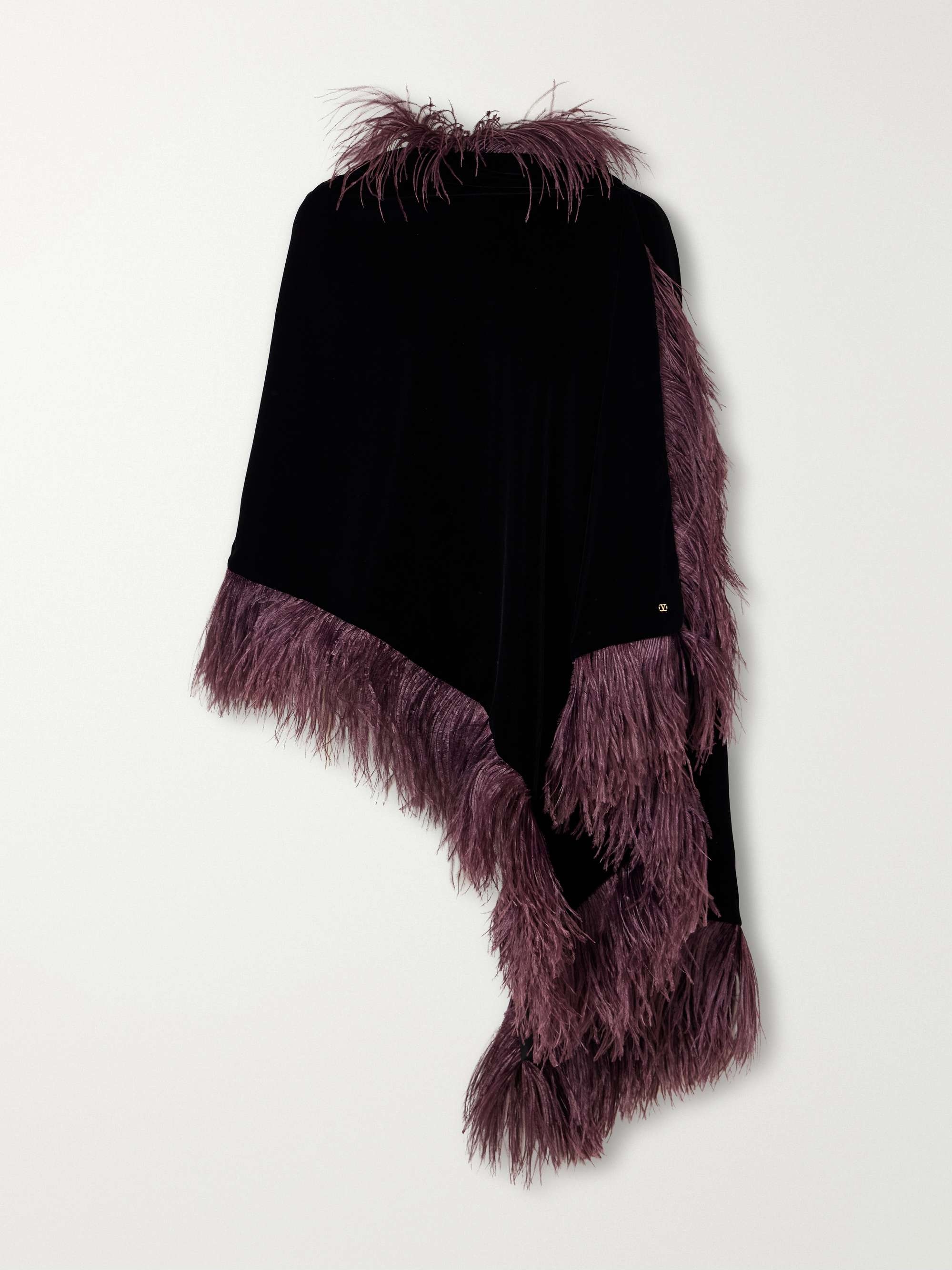 VLogo-embellished feather-trimmed velvet wrap