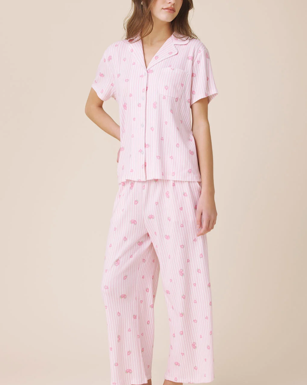 Strawberries and Stripes Notch Top and Crop Pant PJ Set