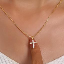 Moissanite Small Cross Necklace for Women: Dainty Tiny 14K Gold Plated Sterling Silver Pendant Simulated Diamond Layered Chain Necklace Minimalism Jewelry