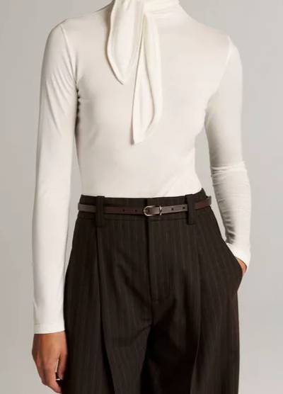Jersey Tie-Neck Long-Sleeve Top