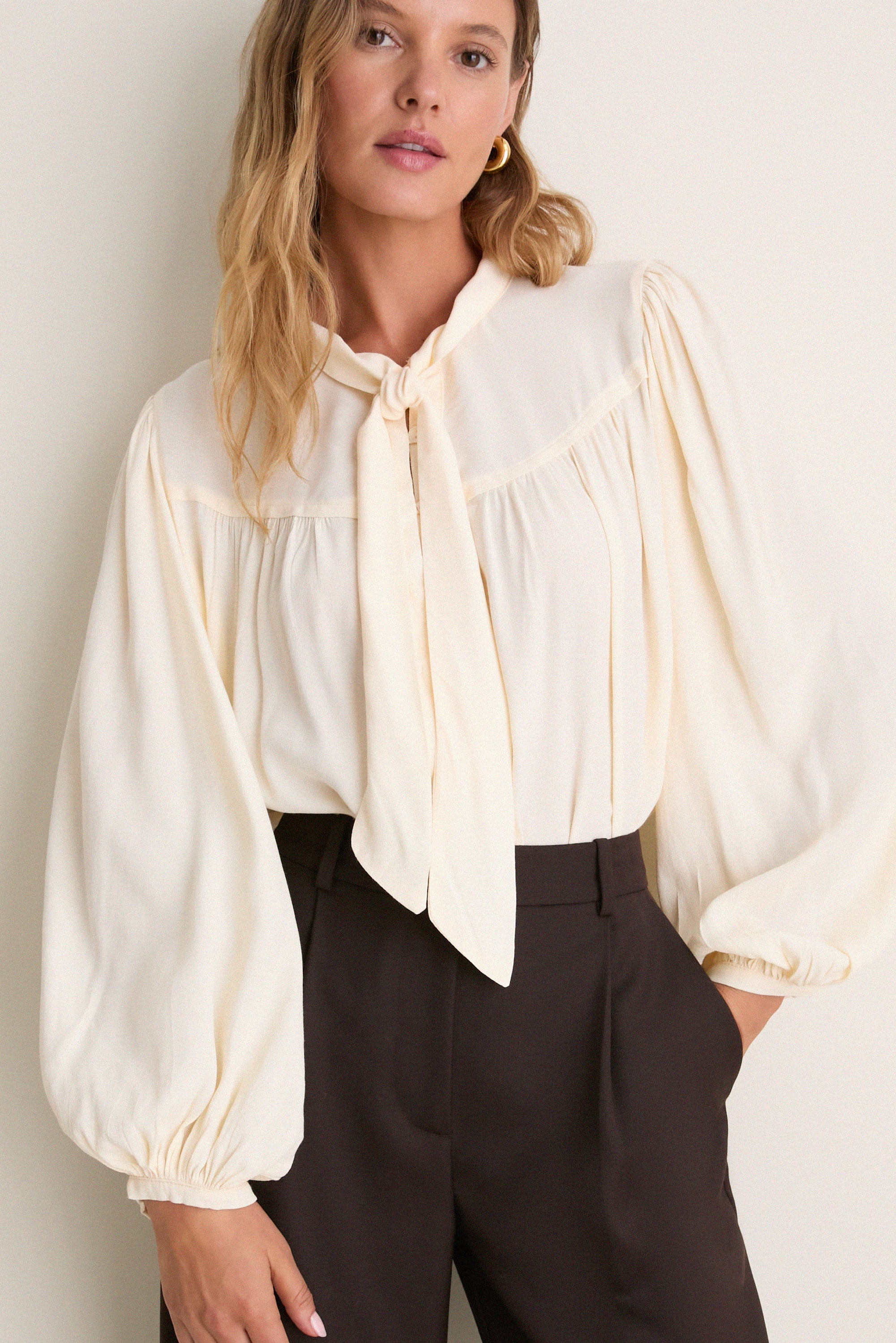 Off White Pleated Front Ties Shirt