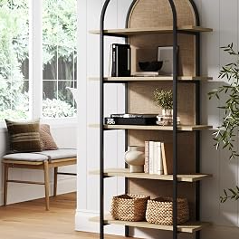 Nathan James Amara Bohemian 5-Shelf Etagere Bookcase, Rattan Open Bookshelf with Arch Top, Light Oak/Matte Black