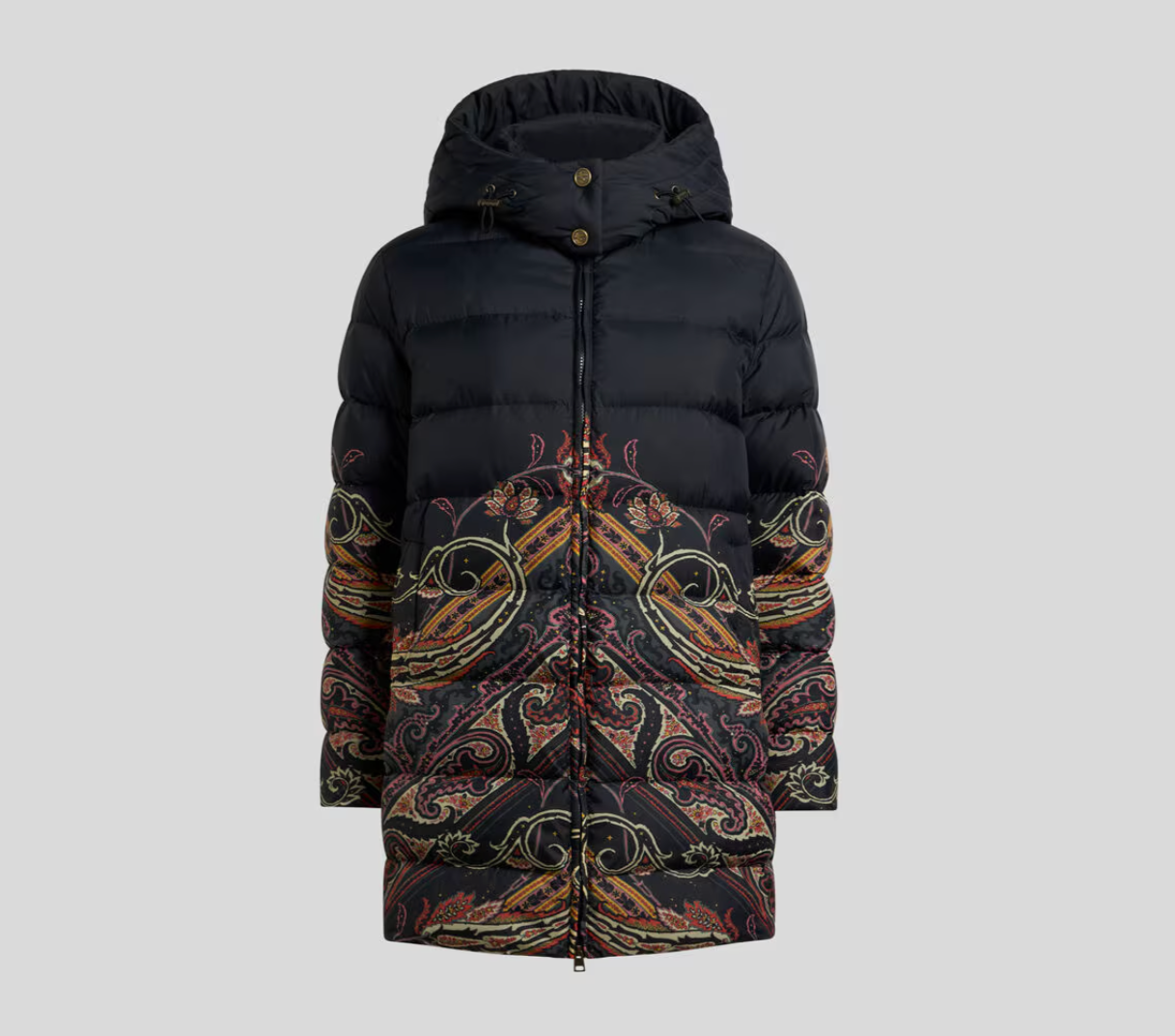 DOWN JACKET WITH PLACED PAISLEY AND GEOMETRIC PRINT
