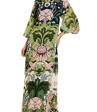 Mestiza New York Luzon Chiffon Bold Botanical Print Boat Neck Bracelet Balloon Sleeve Gown