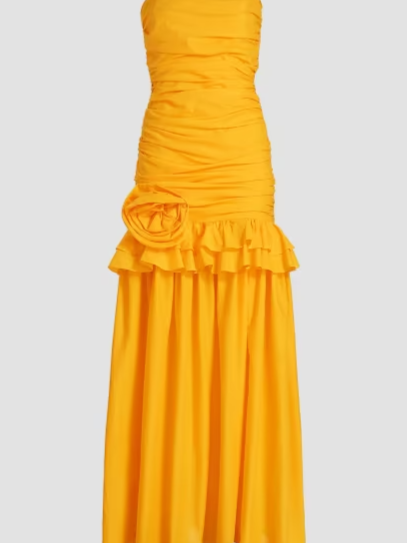 Solea Ruched Drop-Waist Strapless Gown