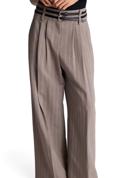Women's High Rise Double Belt Two-Pleat Wide Leg Pants