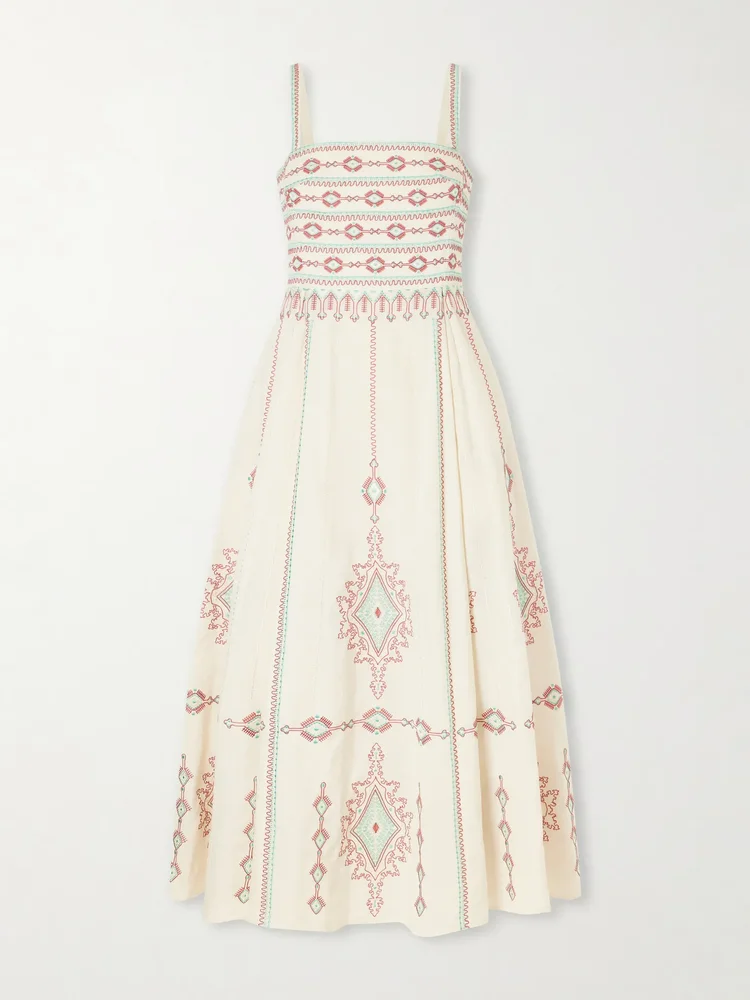 Aneeda Astragal Mare embroidered linen cotton-blend midi dress