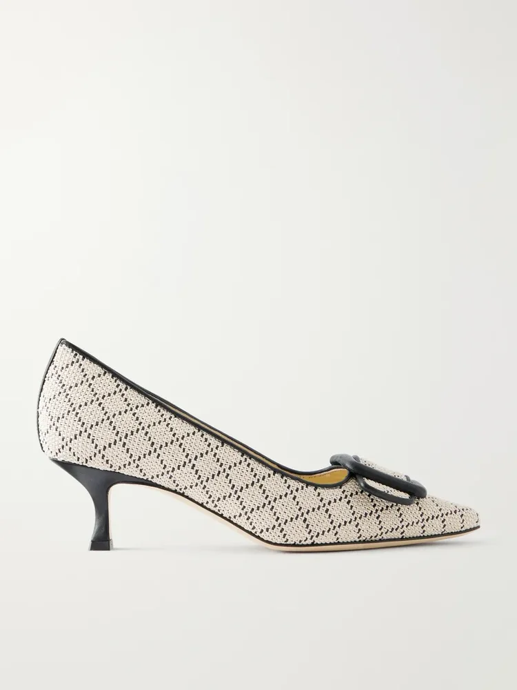 Maysale 50 buckled leather-trimmed raffia pumps