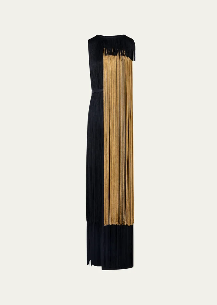 Colorblock Oro Lienzo Fringe Column Gown