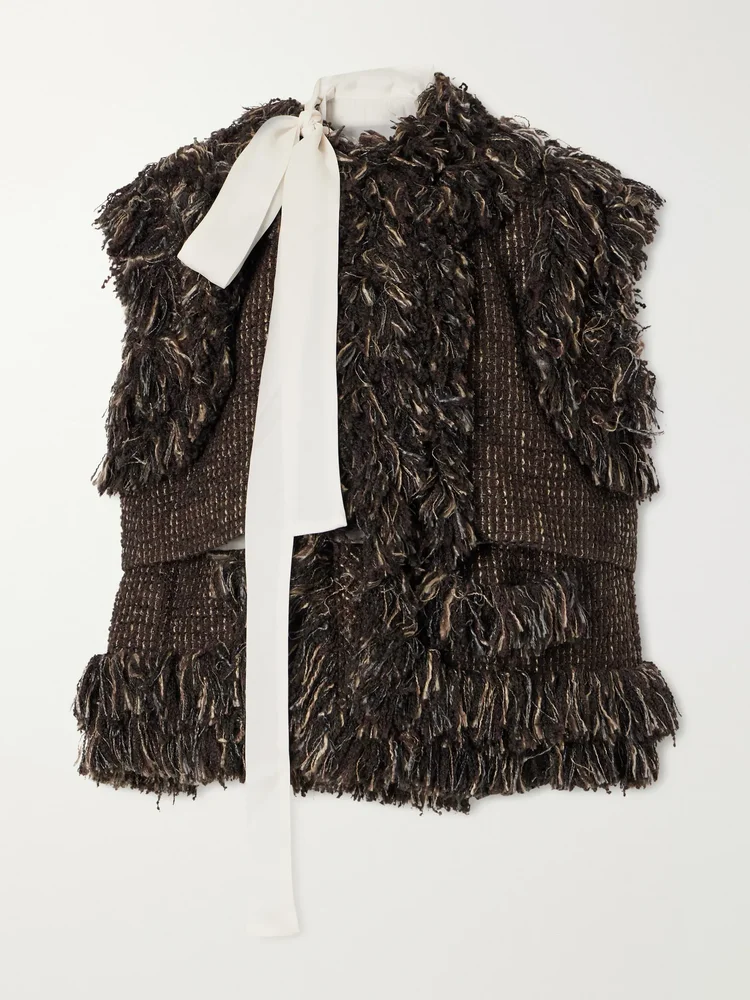 Bow-detailed fringed wool-blend tweed vest