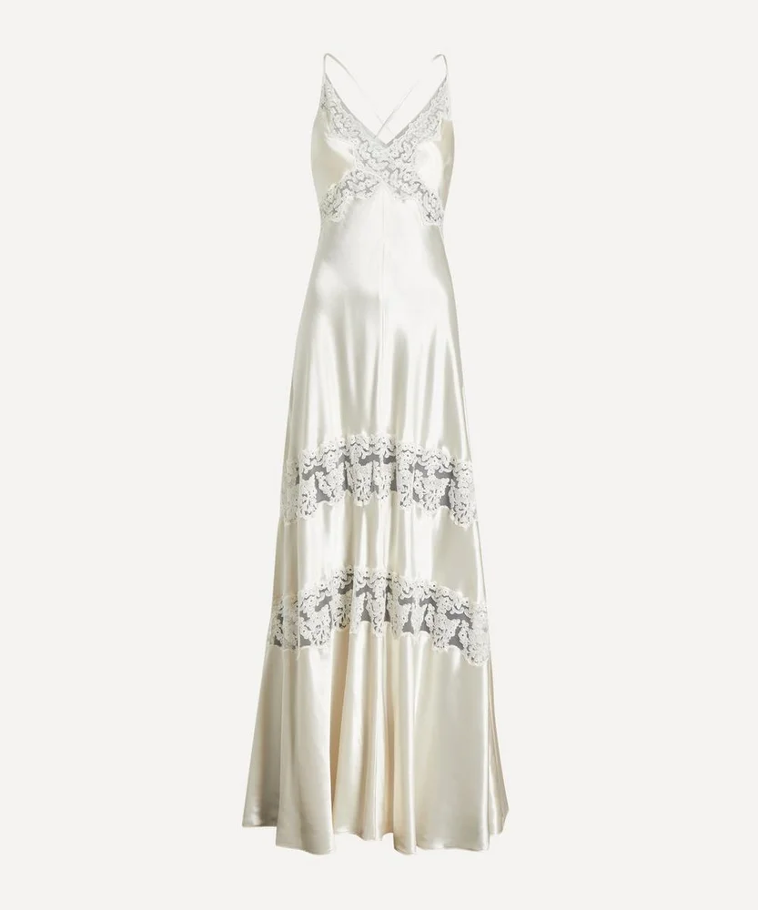 White Satin Dress with Lace Inserts