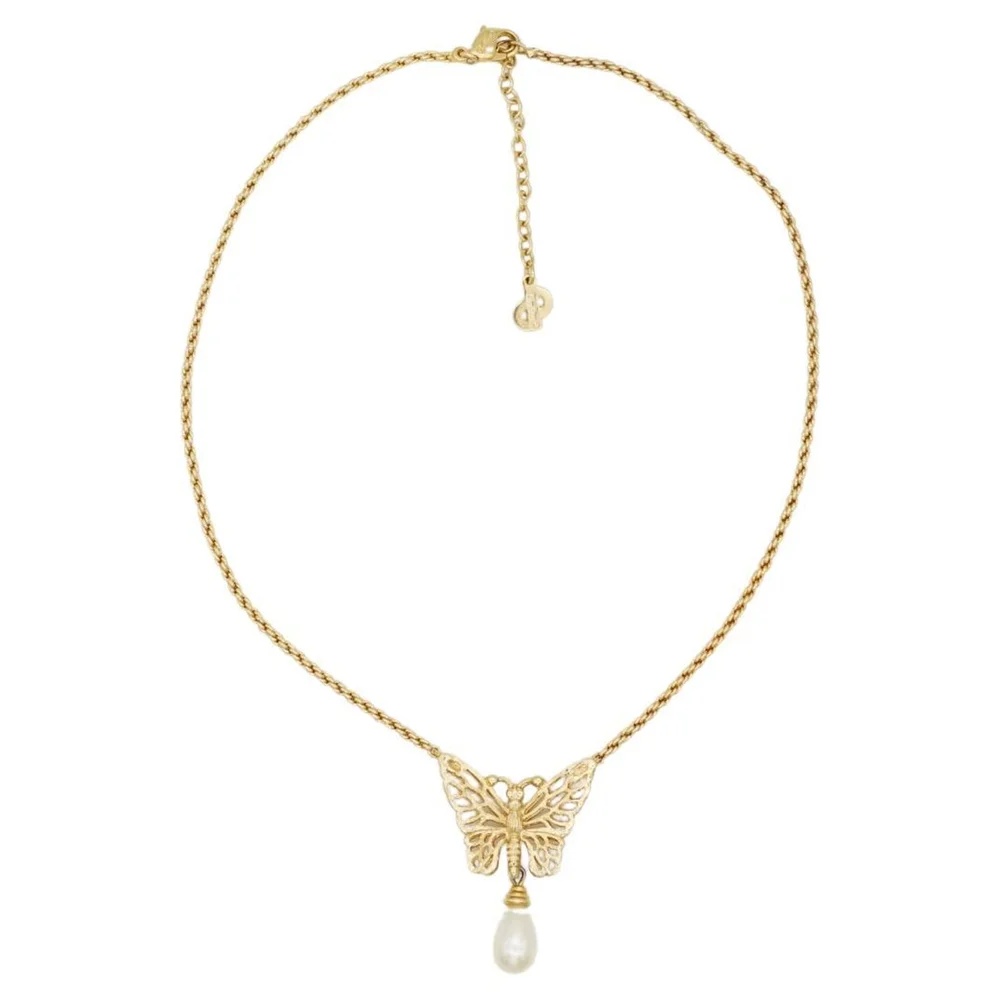 Pre-Owned Vintage Iconic Gold Butterfly White Water Drop Pearl Necklace