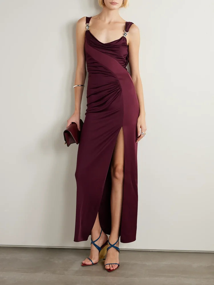 Embellished paneled draped satin-jersey gown
