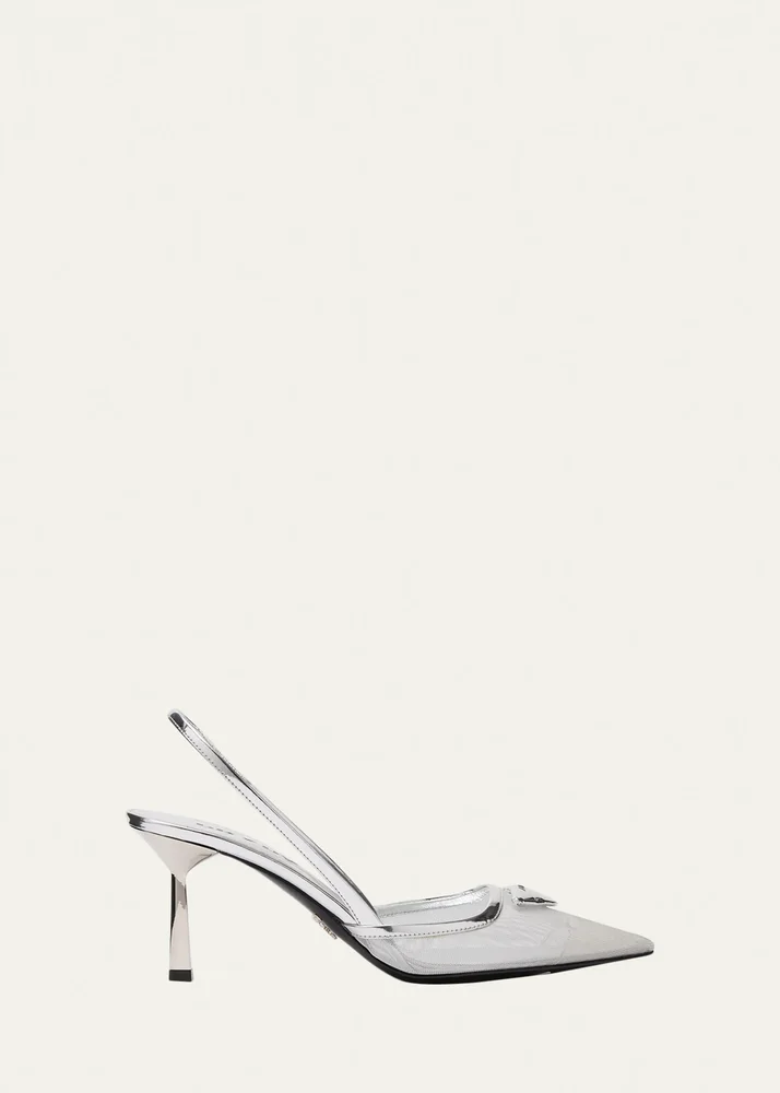 75mm Modellerie Metallic Leather Mesh Slingback Pumps