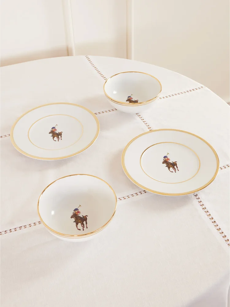 Lunar set of four gold-plated porcelain bowls and dessert plates