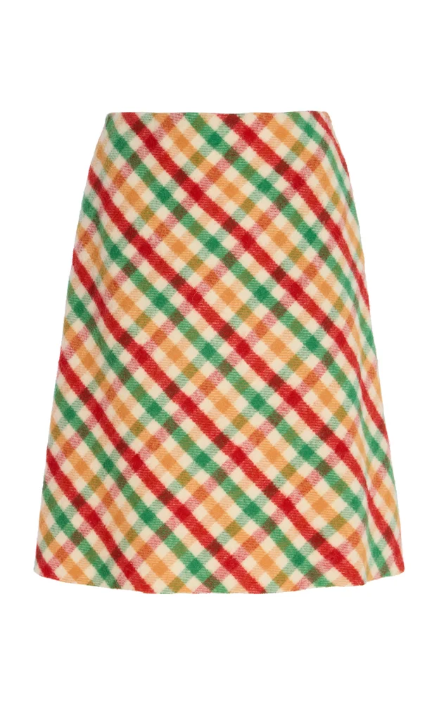 Checked Wool-Blend Midi Skirt