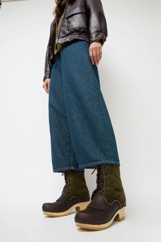 8-Inch Lace Up Clog Boot with Kiltie on Mid Heel in Fudge and Olive