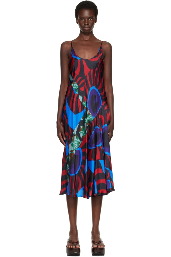 Red & Blue Printed Slip Midi Dress