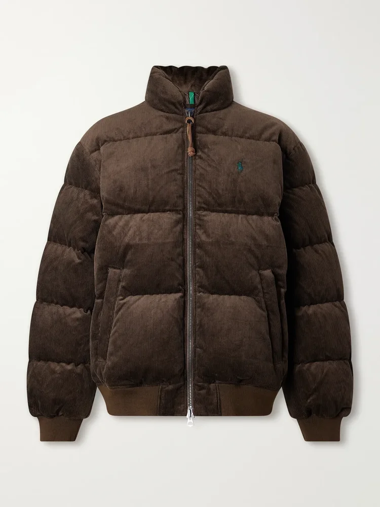 Logo-Embroidered Quilted Cotton-Corduroy Down Jacket