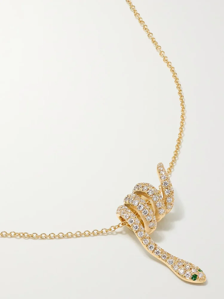 Curled Snake 18-karat gold, diamond and tsavorite necklace