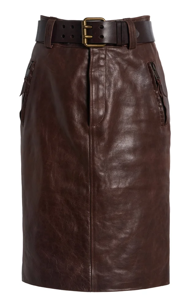 Belted High-Rise Leather Midi Skirt