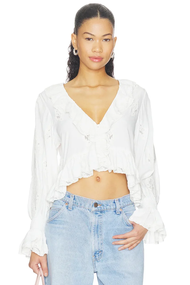 Skye Lace Applique V Neck Ruffle Cropped Blouse