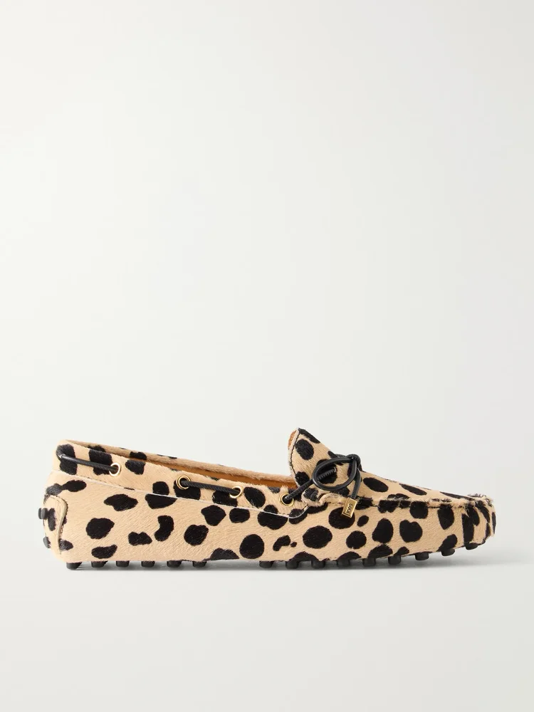 Gommino bow-detail animal-print calf-hair loafers