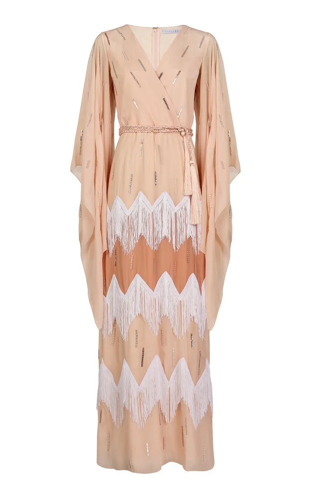 Fringe-Trimmed Embroidered Crepe Maxi Wrap Dress