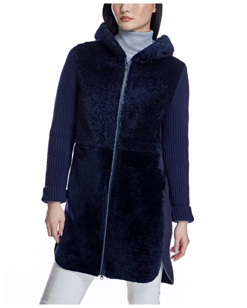 Hooded Shearling Coat with Knit Trim