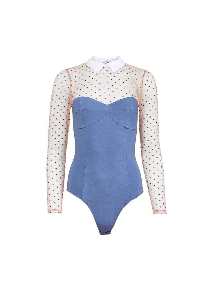 Collared Bodysuit with Dotted Tulle