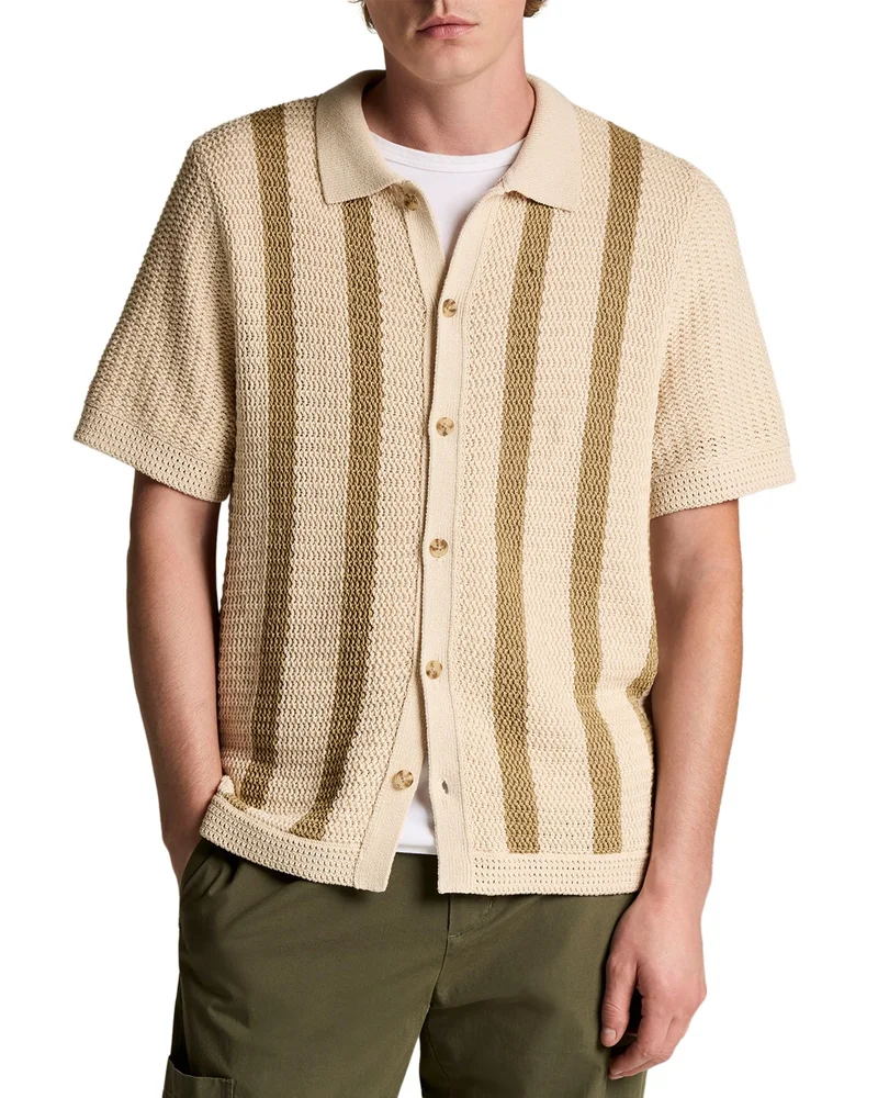 Stripe Crochet Short Sleeve Button Down Shirt