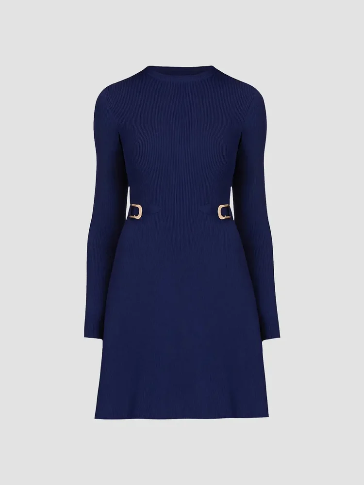Janice Buckle-Detailed Rib-Knit Fit & Flare Dress