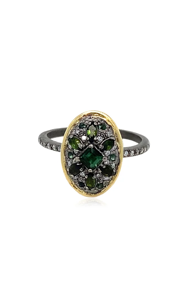 18K Yellow Gold Sterling Silver Diamond And Tourmaline Ring