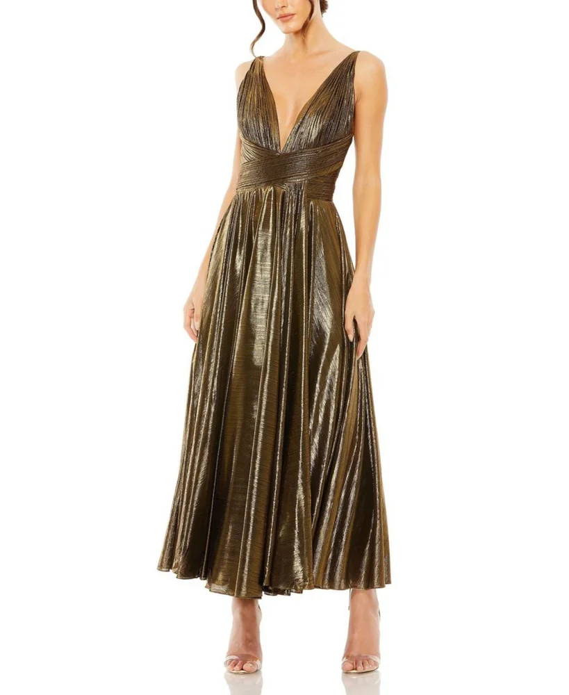 Sleeveless V Neck Pleated Top Metallic Dress