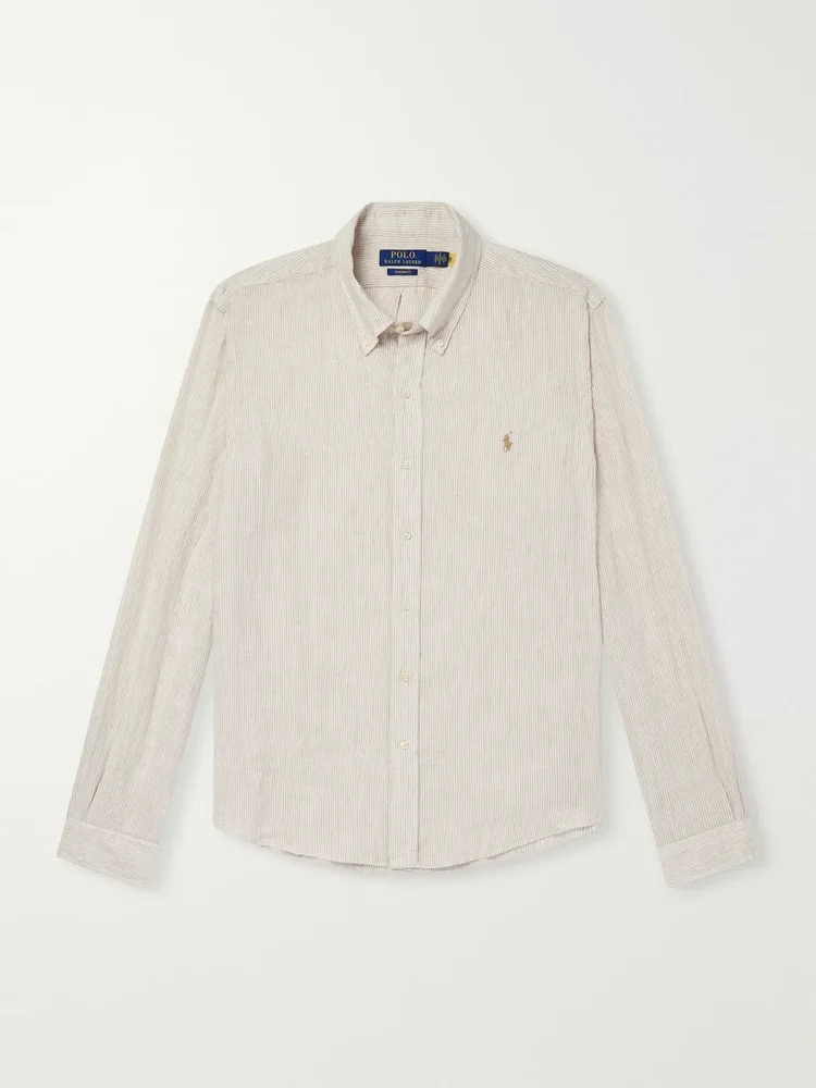 Logo-Embroidered Striped Linen Shirt