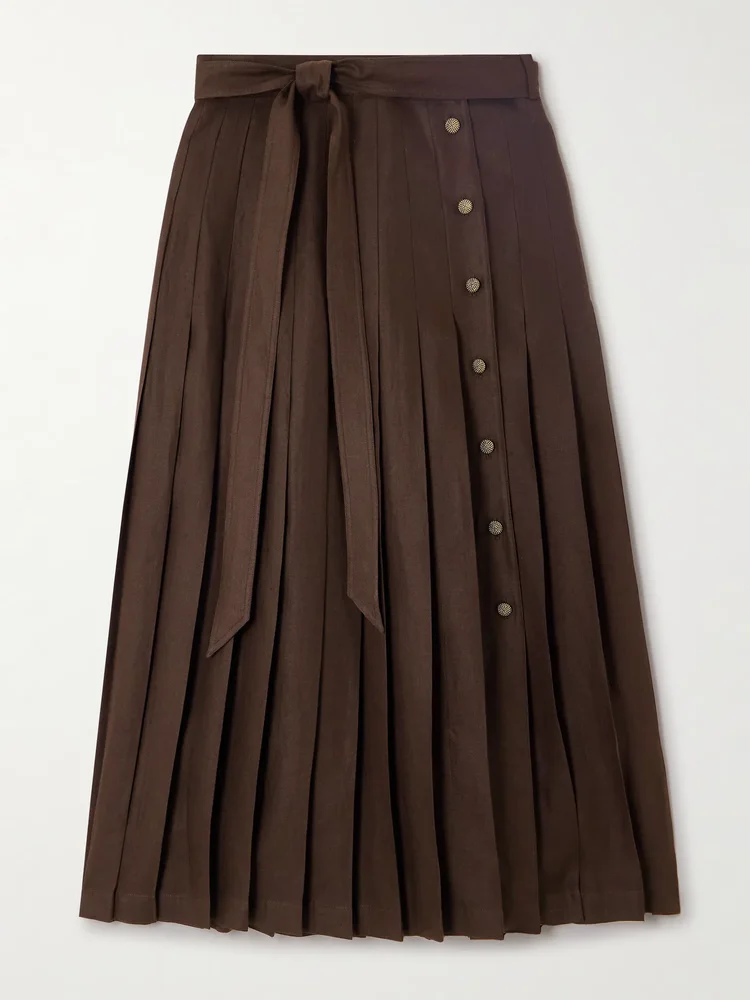 Yasmina belted pleated linen-twill wrap skirt