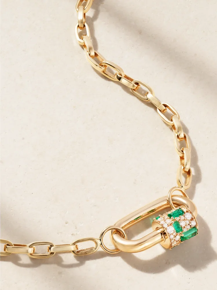 Lock 14-karat gold, diamond and emerald necklace