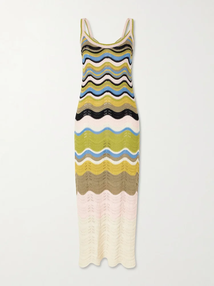 Scalloped striped crocheted cotton maxi dress